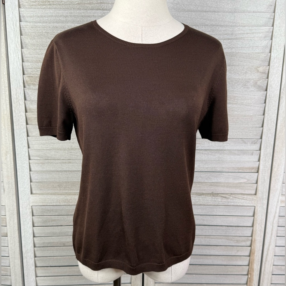 LAUREN (Ralph Lauren) Women's 90's-Y2K Brown Short Sleeve Silk Blend Sweater-M